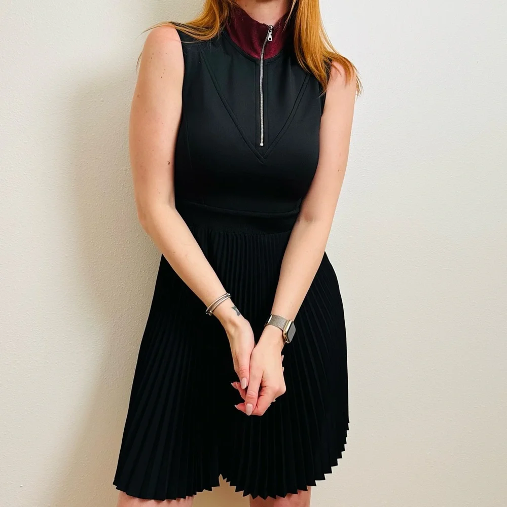 Sandro Black Sleeveless Half Zip Mock Collar Pleated Mini Dress - Picture 3 of 9